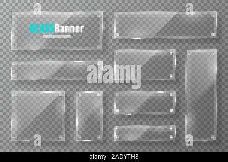 Glasrahmen mit Metallhalterung Sammlung. Realistische transparentes Glas Banner mit Blendschutz. Mockup design Element. Vector Illustration. Stock Vektor