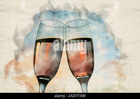 Aquarell von Klirren zwei Gläser mit Wein und Toasten vor blauem Himmel, cheers Konzept. Abbildung Coputer generiert. Stockfoto