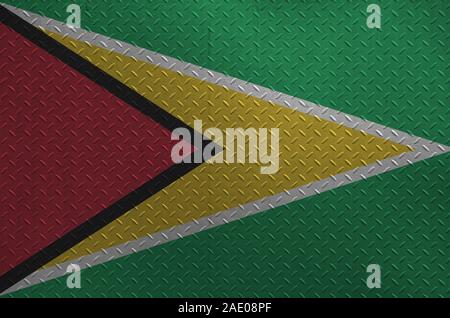 Guyana Flagge in Farbe Farben auf alten brushed Metal Platte oder an der Wand dargestellt. Texturierte Banner auf rauen Hintergrund Stockfoto