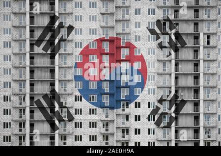 Südkorea Flagge in Farbe Farben auf multi-Geschichte residental Gebäude im Bau. Texturierte Banner auf große Mauer Hintergrund Stockfoto