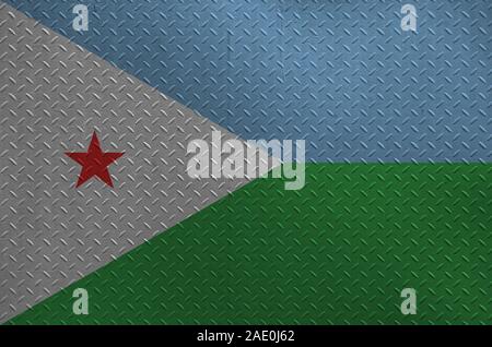 Dschibuti Flagge in Farbe Farben auf alten brushed Metal Platte oder an der Wand dargestellt. Texturierte Banner auf rauen Hintergrund Stockfoto