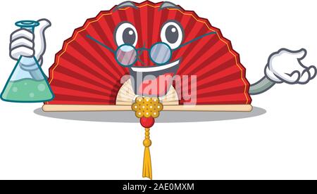 Smart Professor chinesischen Folding fan Zeichentrickfigur holding Glasrohr Stock Vektor