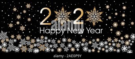 Frohes Neues Jahr 2020 Vorlage mit Gold und Weiß Schneeflocken und Sterne auf dem schwarzen Hintergrund. Stock Vektor