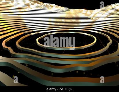 Abstrakte topografische Karte im 3D-Hintergrund mit glänzenden goldenen Linien in sci-fi Technologie Stil. 3D-Darstellung Stockfoto