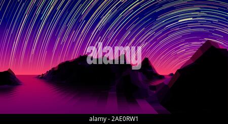 Berglandschaft mit 80s Synth Wave vieleckigen Netz und Star Trail über die violette Horizont gestaltete Stock Vektor