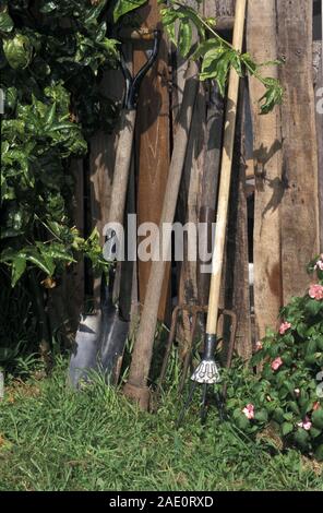 Verschiedene Gartengeräte (Gabel, Spaten, Rechen) lehnte sich gegen Holz Zaun. Stockfoto