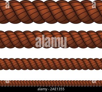 Vier braunen Seile in verschiedenen Größen auf weißem Hintergrund. Stock Vektor