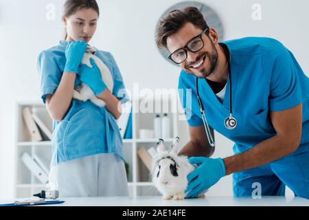 Junge Tierärzte Prüfung zwei adorable Kaninchen in Klinik Stockfoto