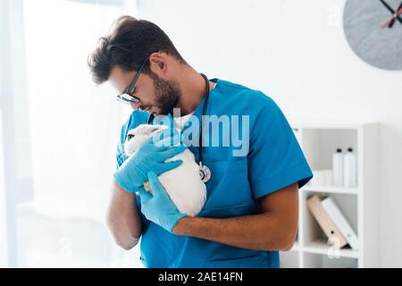 Jungen, gutaussehenden Tierarzt Holding cute White Rabbit auf Händen Stockfoto