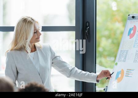 Attraktive reife Geschäftsfrau, die mit Stift am Flipchart während der Konferenz Stockfoto