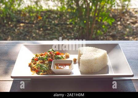Rühren gebratene Basil leaf Schweinefleisch mit Reis auf Holztisch. Stockfoto