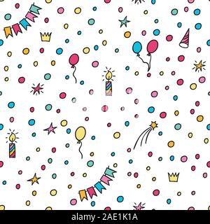 Hand Partei doodle Happy Birthday Party Hintergrund dargestellt. Mit Luftballons, Kerzen, Sterne und bunting Fahnen Girlanden. Vector Illustration Stock Vektor