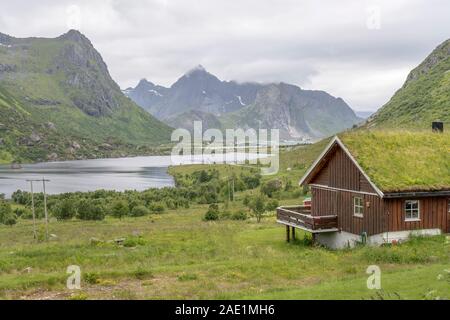 Polarkreis Fjordlandschaft mit Grasdach und grüne Tal, unter hellen trübe Licht in der Nähe von Napp, Lofoten, Norwegen Schuß Stockfoto