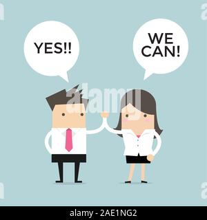 Kaufmann und Kauffrau geben einen hohen fünf, Yes We Can. Stock Vektor