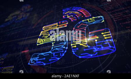5g Mobile Network Projekt erstellen. Abstrakte Konzept der IOT, Telefon, Verbindung und Kommunikation Technologie 3D-Abbildung. Zeichnung digitale Regelung li Stockfoto