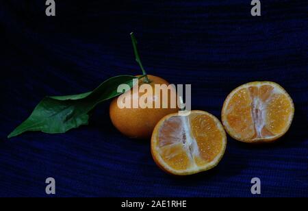 Tangerine ganze und Open-face mit Blatt auf dunkelblauem Hintergrund Stockfoto