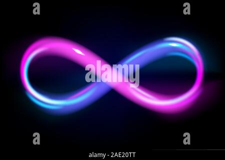 Neonlicht Blau und Violett infinity Symbol auf schwarzem Hintergrund, leuchtende Linie des ewigen Zeichen, Energie, Vector Illustration. Stock Vektor