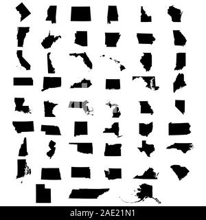 Komplette Sammlung der Staaten der USA und der District of Columbia. Silhouetten von Symbolen auf einem weißen Stock Vektor