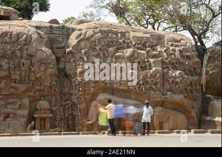 Mamallapuram, Indien - März 2017: Steinmetzarbeiten auf dem Gesicht eines Rock bei arjunas Buße. Stockfoto