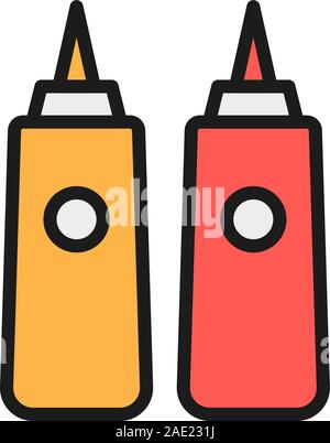 Saucen in Flaschen, Ketchup, Senf, Mayonnaise flachbild Color Line Symbol. Stock Vektor