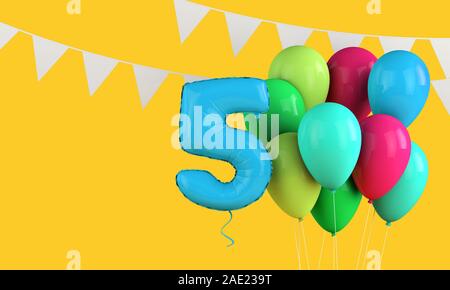 Glücklich 5. Geburtstag bunte party Ballons und Bunting. 3D-Rendering Stockfoto