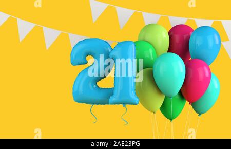 Glücklich 21. Geburtstag bunte party Ballons und Bunting. 3D-Rendering Stockfoto