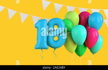 Glücklich 18. Geburtstag bunte party Ballons und Bunting. 3D-Rendering Stockfoto