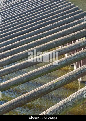 Holz- Protokolle fest auf einem Damm in der Moldau in Prag in der Tschechischen Republik. Stockfoto