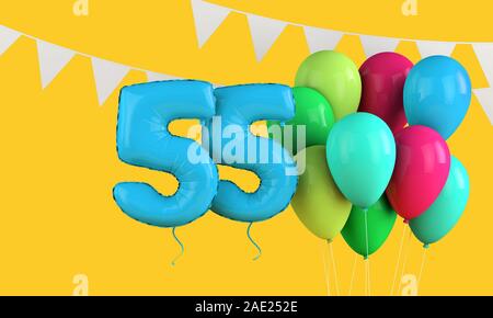 Happy 55th birthday Bunte party Ballons und Bunting. 3D-Rendering Stockfoto