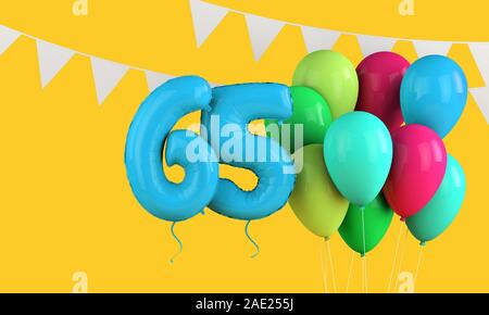 Happy 65th birthday Bunte party Ballons und Bunting. 3D-Rendering Stockfoto