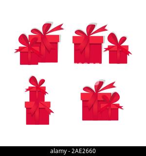 Vektor einrichten von roter Geschenkbox Symbole, Weihnachtsgeschenk mit roten Bogen und Bändern umwickelt. Vector Icons Stock Vektor