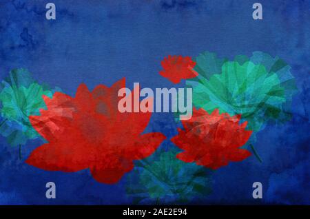 Schönes helles illustartion von rot blühenden Seerosen mit tiefen dunklen Blau Aquarell Hintergrund Stockfoto