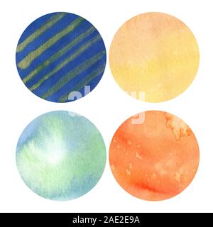 Satz von Orange und Blau aquarell Kreise auf weißem Hintergrund Stockfoto