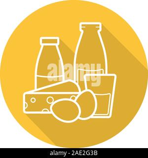 Milchprodukte Flachbild lineare lange Schatten Symbol. Joghurt, Flasche und Glas Milch, Eier und Käse. Lebensmittelgeschäft. Vektor linie das Symbol Stock Vektor