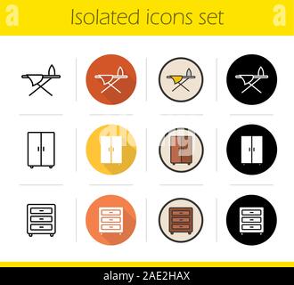 Möbel Symbole gesetzt. Flache Bauweise, linear, Schwarz und Farbe. Kommode, Kleiderschrank und Bügelbrett. Isolierte Vektorgrafiken Stock Vektor