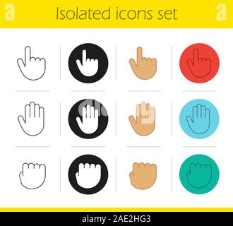 Gesten der Hand Symbole gesetzt. Linear, Schwarz und Farbe. Palm, oben und gepressten Faust. Isolierte Vektorgrafiken Stock Vektor