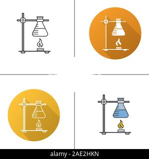 Chemische Reaktion Symbol. Flache Bauweise, lineare und Farbe Stile. Ring stand mit Kolben über das Feuer. Isolierte Vektorgrafiken Stock Vektor