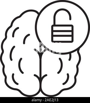 Gehirn Ressourcen Offenbarung lineare Symbol. Intellekt Potential. Dünne Linie Abbildung. Menschliche Gehirn mit Open lock contour Symbol. Vektor isoliert outlin Stock Vektor