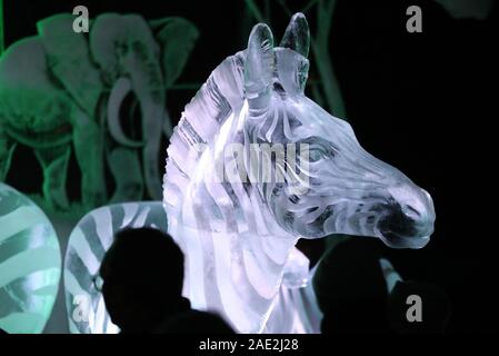 Rovershagen, Deutschland. 06 Dez, 2019. 06 Dezember 2019, Mecklenburg-Vorpommern, Rövershagen: Die Skulptur eines Zebra kann im 17 Ice World in Karls Erlebnis-Dorf in der Ausstellung "Afrika - Expedition zum Kilimanjaro' gesehen werden. 25 Künstler aus 12 Ländern verarbeitet ca. 300 Tonnen Eis aus einem polnischen Ice Factory. Die Ausstellung ist geöffnet bis 01.11.2020. Quelle: dpa Picture alliance/Alamy leben Nachrichten Stockfoto