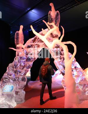 Rovershagen, Deutschland. 06 Dez, 2019. 06 Dezember 2019, Mecklenburg-Vorpommern, Rövershagen: Nach der Eröffnung der 17. Ice World in Karls Erlebnis-Dorf, Besucher sind auf dem Weg zu der Ausstellung "Afrika - Expedition zum Kilimanjaro". 25 Künstler aus 12 Ländern verarbeitet ca. 300 Tonnen Eis aus einem polnischen Ice Factory. Die Ausstellung ist geöffnet bis 01.11.2020. Quelle: dpa Picture alliance/Alamy leben Nachrichten Stockfoto