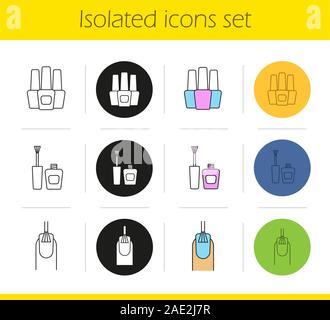 Maniküre Symbole gesetzt. Linear, Schwarz und Farbe. Nagellack Flaschen, Nägel polieren. Isolierte Vektorgrafiken Stock Vektor