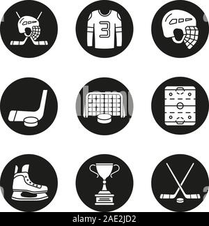 Hockey Ausrüstung Symbole gesetzt. Helm, Puck und Sticks, shirt, Gate, skate, Trophäe des Gewinners, Hockey Rink. Vektor weisse Silhouetten Abbildungen in Schwarz Stock Vektor