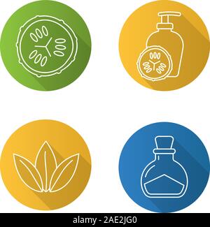 Spa Salon Flachbild lineare lange Schatten Symbole gesetzt. Gurke slicea und Lotion container, Salz Flasche, lose Blätter. Vektor linie Abbildung Stock Vektor