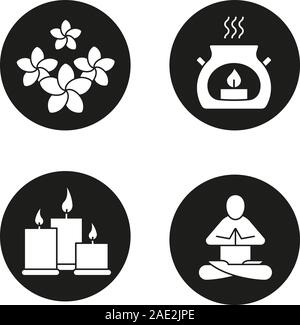 Spa Salon Symbole gesetzt. Aromatherapie Kerzen, Yoga, plumeria Blumen. Vektor weisse Silhouetten Abbildungen in schwarzen Kreisen Stock Vektor