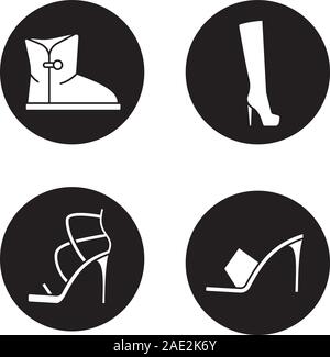Frauenschuhe Symbole gesetzt. High Heel Schuhe, warme Winter und Herbst Stiefel. Vektor weisse Silhouetten Abbildungen in schwarzen Kreisen Stock Vektor
