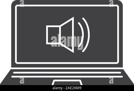 Laptop Sound auf glyphe Symbol. Silhouette Symbol. Laptop mit Lautsprecher. Negativer Platz. Vektor isoliert Abbildung Stock Vektor