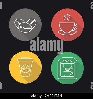 Kaffee Flachbild lineare lange Schatten Symbole gesetzt. Geröstete Kaffeebohnen, Espresso Maschine, dampfenden Tasse auf Platte, takeaway Pappbecher. Vektor linie Abbildung Stock Vektor
