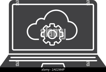 Laptop cloud computing Glyph icon. Silhouette Symbol. Notebook mit Cloud Storage Einstellungen. Negativer Platz. Vektor isoliert Abbildung Stock Vektor