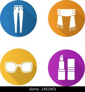 Women's Zubehör flache Bauweise lange Schatten Symbole gesetzt. Skinny Jeans, Schal, Lippenstift, Sonnenbrillen. Vektor silhouette Abbildung Stock Vektor