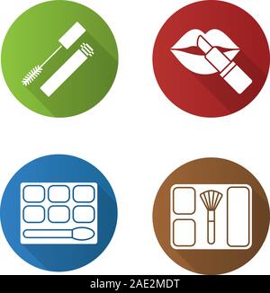 Frauen Kosmetik flache Bauweise lange Schatten Symbole gesetzt. Mascara, Lidschatten, Rouge, Lippenstift mit Lippen. Vektor silhouette Abbildung Stock Vektor